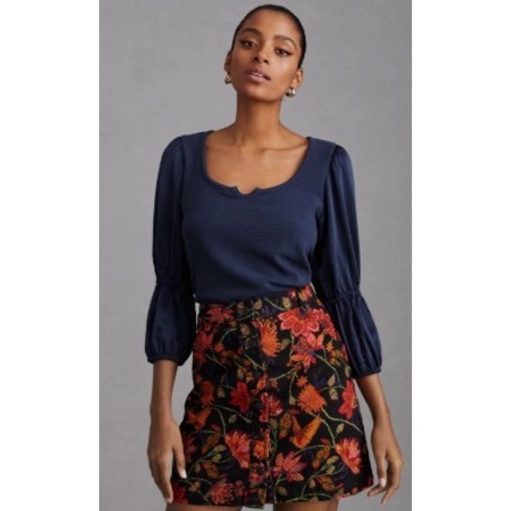 NWT Maeve Anthropologie Navy Ribbed Satin Tiered‎ Balloon Sleeve Top Size Small